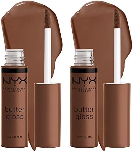 NYX PROFESSIONAL MAKEUP Butter Gloss Brown Sugar, Non-Sticky Lip Gloss - Fudge Me (Warm Brown) (Pack of 2)