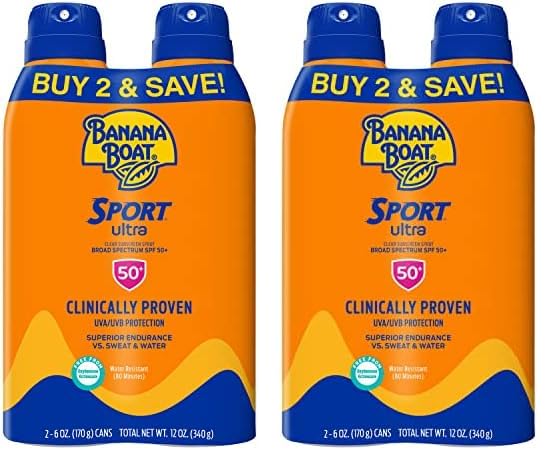 Banana Boat Sport Ultra SPF 50 Sunscreen Spray Twin Pack | Banana Boat Sunscreen Spray SPF 50, Spray On Sunscreen, Water Resistant Sunscreen, Oxybenzone Free Sunscreen Pack, 6oz each (Pack of 2)