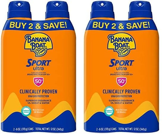 Banana Boat Sport Ultra SPF 50 Sunscreen Spray Twin Pack | Banana Boat Sunscreen Spray SPF 50, Spray On Sunscreen, Water Resistant Sunscreen, Oxybenzone Free Sunscreen Pack, 6oz each (Pack of 2)
