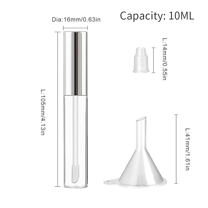 GTHER 10PCS 10ML Empty Lip Gloss Containers Tube with Wand, Refillable Lip Balm Bottles, Lipstick Sample Container and Funnel and Rubber Stoppers for Girls DIY Lip Samples, Silver Top