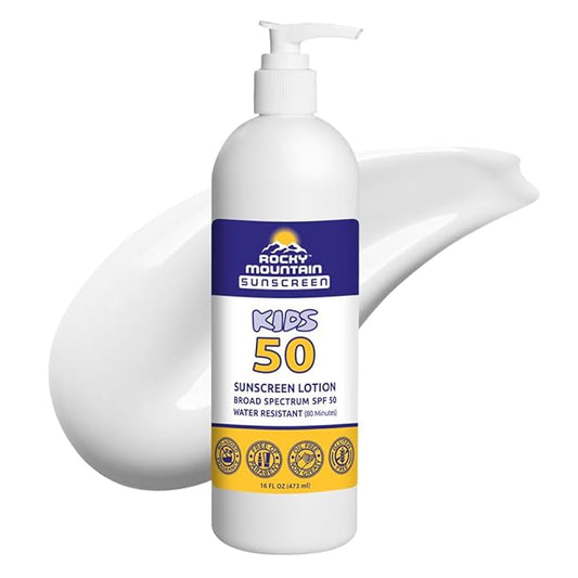 KIDS Rocky Mountain Sunscreen SPF 50 LOTION | Broad Spectrum UVA/UVB Protection | Hawaii 104 Reef Act Compliant (Oxybenzone & Octinoxate Free) | Water Resistant 80 Min | Fragrance Free | For Children