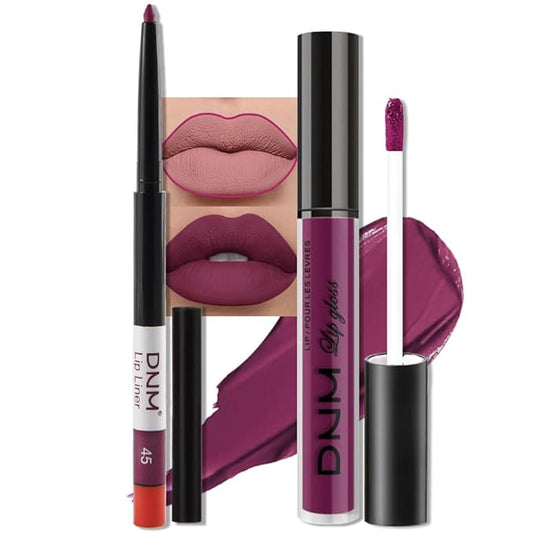 evpct 2Pcs Light Plum Purple Matte Liquid Lipstick Lip Gloss Stain and Retractable Lip Liner Makeup Set for Women Long Lasting Waterproof 24 Hours Lipstick labial mate larga duracion 24 45#