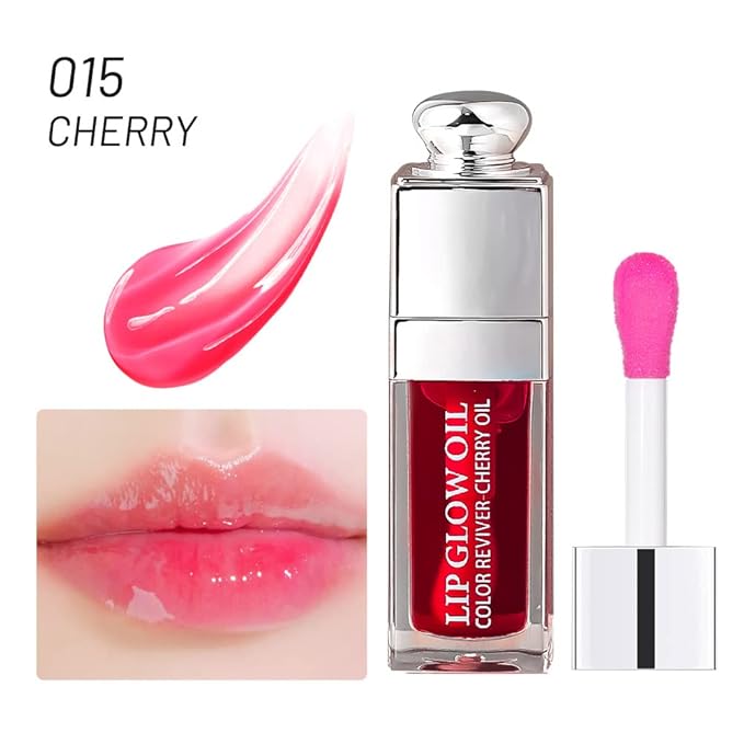 2PCS Hydrating Lip Glow Oil, Lip Oil Gloss Transparent Toot Tinted Nourishing Long Lasting Repairing Lightening Lip Lines (CHERRY) 0.2 OZ