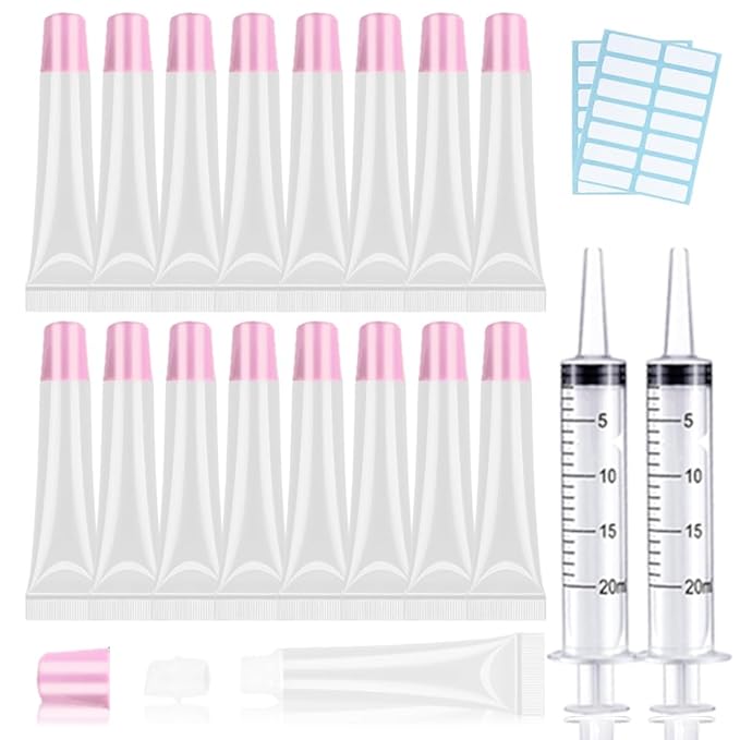 AMORIX 50PCS Lip Gloss Tubes 20ml Pink Cap Lip Gloss Containers Empty Lip Balm Tubes Refillable Cosmetic Squeeze Lipgloss Tubes + 2 x 20ml Syringes Tag Labels for DIY Lip Gloss Glitter