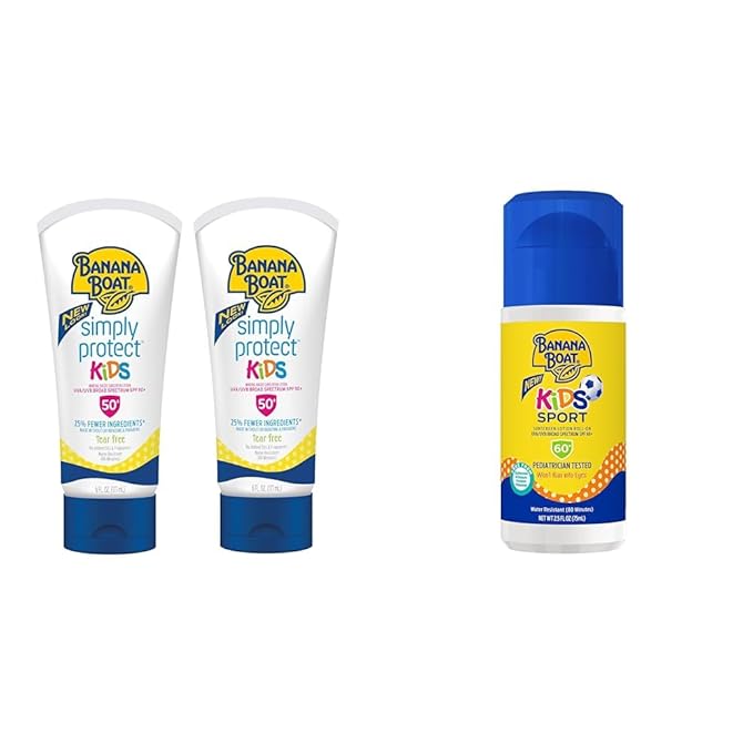 Banana Boat Kids Mineral Sunscreen Lotion SPF 50 Twin Pack and Sport Sunscreen Roll On Lotion SPF 60 Travel Size