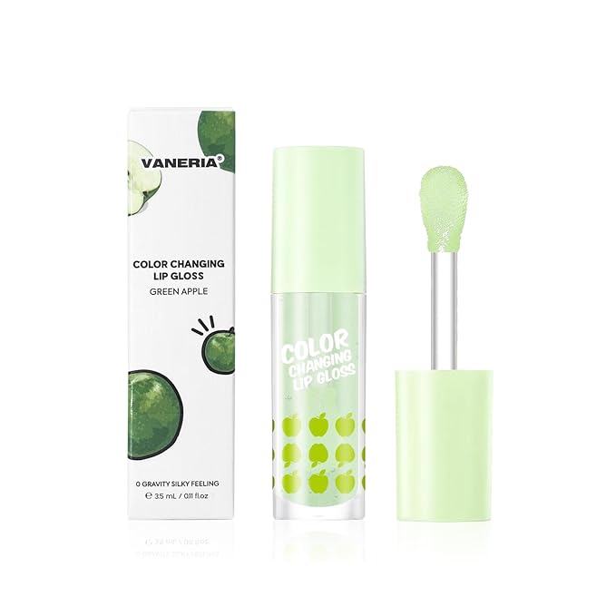 VANERIA Color Changing Lip Gloss,Clear to Pink,Fruit Flavoured Lip Changing Lip Gloss,PH Lip Color,Long Lasting Moisturizing(3.5ml/0.11Fl.Oz) (Apple)
