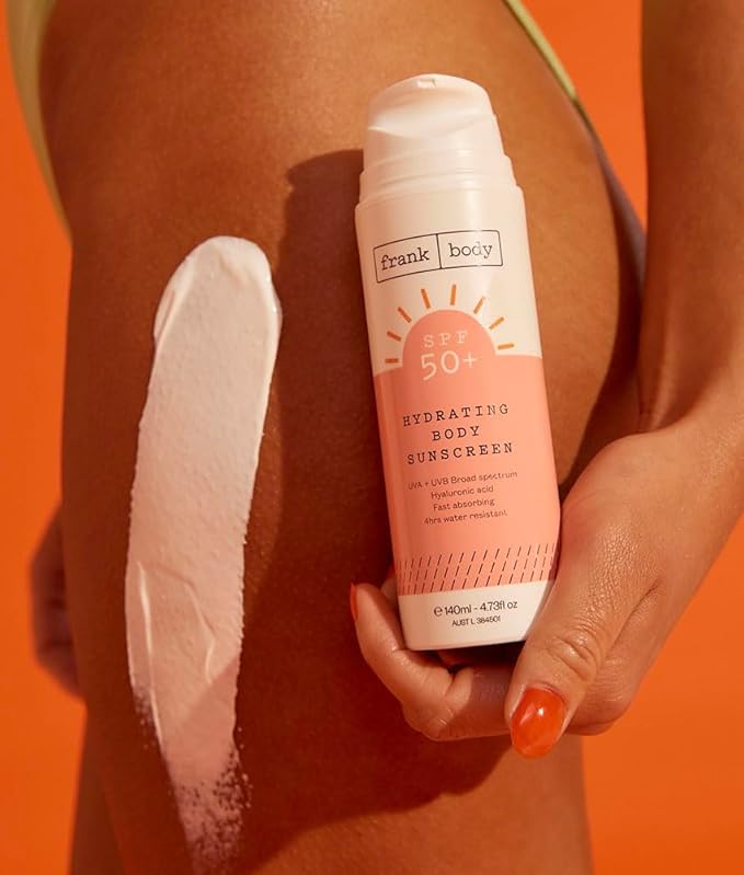 Frank Body SPF50+ Hydrating Body + Facial Sunscreen | Vegan & Cruelty- Free | UVA & UVB Broad Spectrum Sunscreen | Oxybenzone- Free | Hyaluronic Acid, Vitamin E & Aloe Vera (4.73 fl oz/ 140mL)