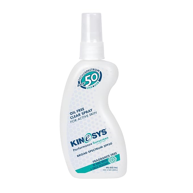 KINeSYS Fragrance Free Clear Spray Sunscreen for sensitive skin, SPF 50, Hypoallergenic, Broad Spectrum UVA/UVB protection for Face & Body; PABA and Oxybenzone FREE, 700+ Sprays, 4 Fl Oz/120 mL