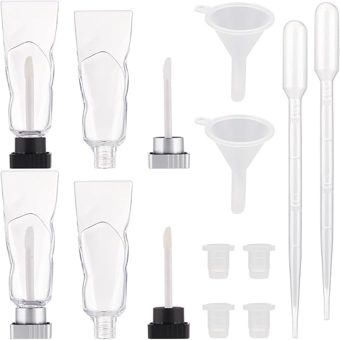 GORGECRAFT 4Pcs 4ml Lip Gloss Tubes Empty Refillable Soft Lipgloss Balm Tubes with Brush Glaze Container with Silver Black Square Lid Rubber Inserts Droppers Funnel for Travel Samples DIY Cosmetic