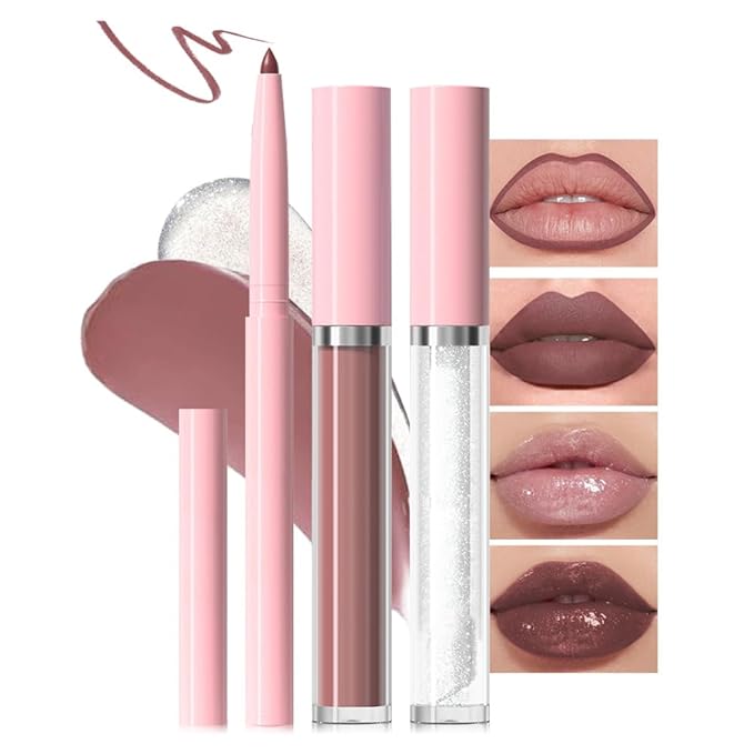 3-in-1Nude Pink Matte Lip Stain Kit | Waterproof Lip Liner + Hydrating Matte Lip Gloss + Nourishing Lip Oil | Long Lasting Plumping to Create Perfect Lip Makeup.01#