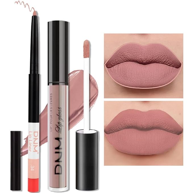 evpct 2Pcs Nude Beige Neutral Color Lip Liner and Matte Lipstick Makeup Sets Vegan Lipstick Lip Liner and Gloss Set Lip Stain Long Lasting Waterproof 24 34#