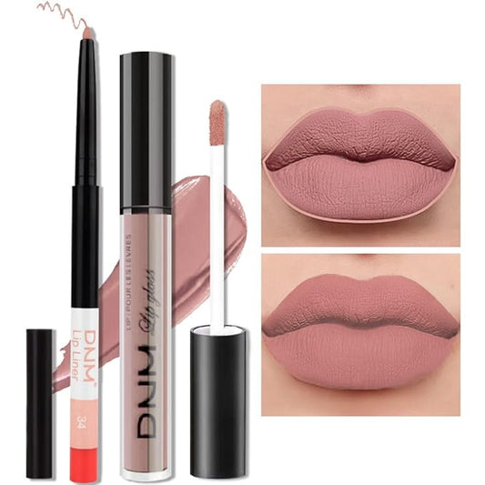 evpct 2Pcs Nude Beige Neutral Color Lip Liner and Matte Lipstick Makeup Sets Vegan Lipstick Lip Liner and Gloss Set Lip Stain Long Lasting Waterproof 24 34#