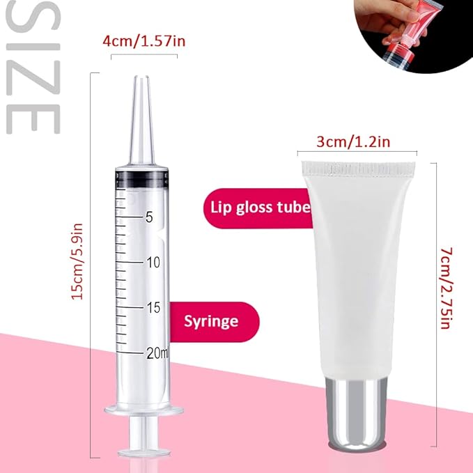 AMORIX 50PCS Lip Gloss Tubes 5ml Silver Cap Lip Gloss Containers Empty Lip Balm Tubes Refillable Cosmetic Squeeze Lipgloss Tubes + 2 x 20ml Syringes Tag Labels for DIY Lip Gloss Base Glitter