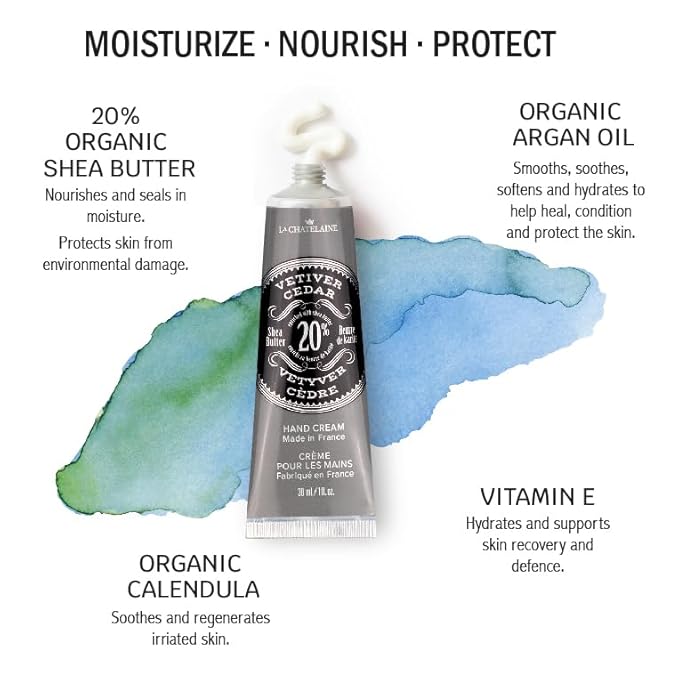 La Chatelaine 20% Shea Butter Hand Cream Travel Size, Men, Unisex, Organic Argan Oil, Moisturizing, Nourishing, Extra-Rich Hand Lotion, Made in France, Paraben Free, 1 oz / 30ml (Vetiver Cedar)
