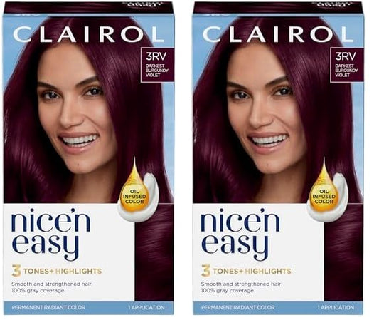 Clairol Nice'n Easy Permanent Hair Dye, 3RV Darkest Burgundy Violet Hair Color, Pack of 2