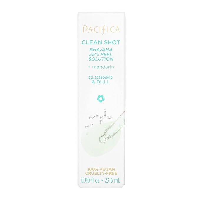Face Serum by Pacifica - Clean Shot AHA-BHA 25% Peel Solution with Glycolic & Salicylic Acid – Exfoliating Facial Peel with Willow Bark, Turmeric & Vegan Lactic Acid, Vegan & Cruelty-Free, 0.8 oz