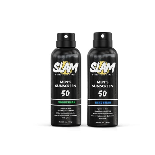 SLAM WoodsMan & BeachMan Bundle - Men's Scented Sunscreen, Sunscreen Spray, Water Resistant Sunscreen, Paraben Free, Broad Spectrum UVA/UVB Sunscreen (Large, 30, Sun Protection Factor (SPF))
