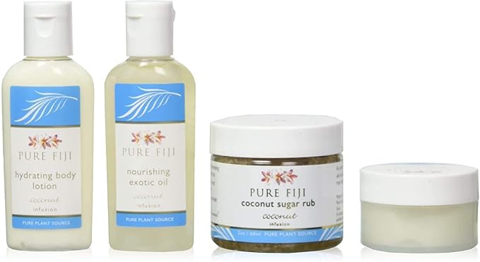 Pure Fiji Spa Gifts for Women and Man - Body Gift Box Include: Sugar Scrub, Bath and Body Oil, Body Butter and Body Lotion, Scent Coconut