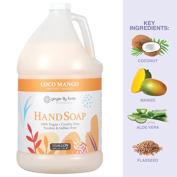 Ginger Lily Farms Botanicals All-Purpose Liquid Hand Soap Refill, Coco Mango, 100% Vegan & Cruelty-Free, Coconut Mango Scent, 1 Gallon (Pack of 4)