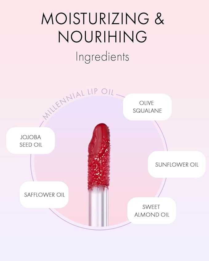 VIDIVICI Millennial Lip Oil #03 Merry Rose - Non-Sticky Dewy Gloss for Moisturized & Voluminous Lips - Natural Rosy Red Color Lip for Vitality Mood, 0.12 fl.oz.