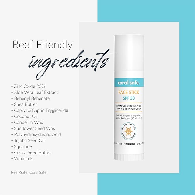 Reef Safe Sunscreen SPF 50 Facestick - Biodegradable, Hawaii & Mexico Approve, Zinc, Vitamin E, Oxybenzone & Octinoxate Free, Water Resistant, Natural Ingredients, Made in USA by Coral Safe