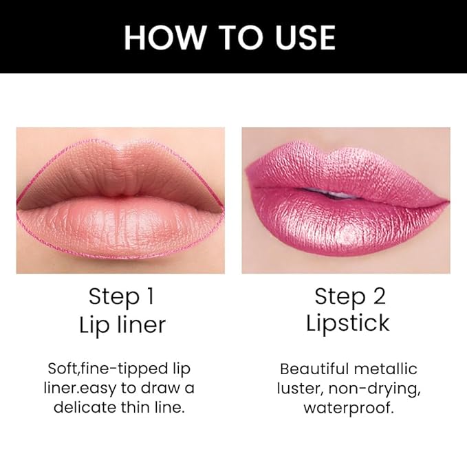 2-in-1 Rose Lip Liner & Lipstick Set Kit for Women, Metallic Lips Kit with Lip Liner Lip Stains Long Lasting Waterproof 24 Hour Lipstick and Lip Liners Combo Lipliners Pencil Set 21
