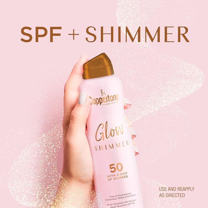 Coppertone Glow with Shimmer Sunscreen Spray SPF 50, Water Resistant Spray Sunscreen, Broad Spectrum SPF 50 Sunscreen Pack, 5 Oz Spray, Pack of 2
