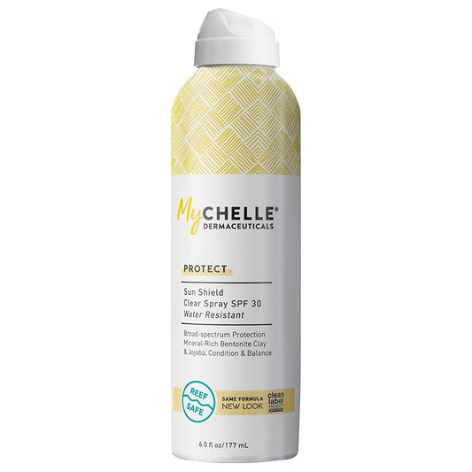 MyChelle Dermaceuticals Sun Shield Clear Spray SPF 30 (6 Fl Oz) - Liquid Zinc Sunscreen Spray with Bentonite Clay and Jojoba - Balances Oil Levels and Conditions Skin - Water Resistant for 80 Minutes
