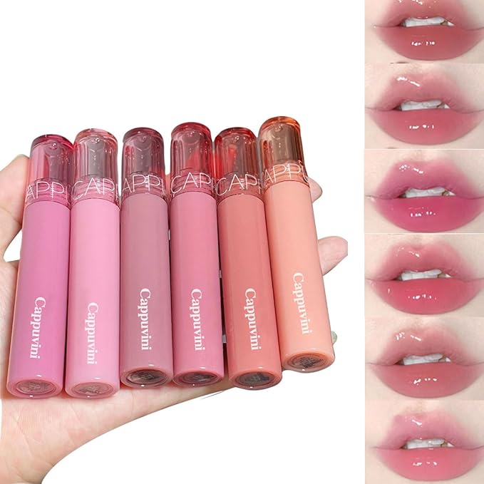 6 PCS Hydrating Plumping Lip Gloss Tinted Lip Balm Set,Mirror Liquid Water Glow Lipstick,Long Lasting Waterproof Moisturizing Shimmer Jelly Lip Glaze