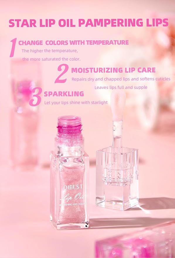 2PCS Cosmetics Color Changing Lip Oil V2, Magic Color Changing Lip Oil Cosmetics, Plumping Lip Oil Moisturizing Lip Gloss, Long Lasting Lip Glow Oil Non-sticky Warm Change Glitter Lip Tint (Pack of 2)