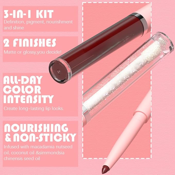 3-in-1Nude Pink Matte Lip Stain Kit | Waterproof Lip Liner + Hydrating Matte Lip Gloss + Nourishing Lip Oil | Long Lasting Plumping to Create Perfect Lip Makeup.01#