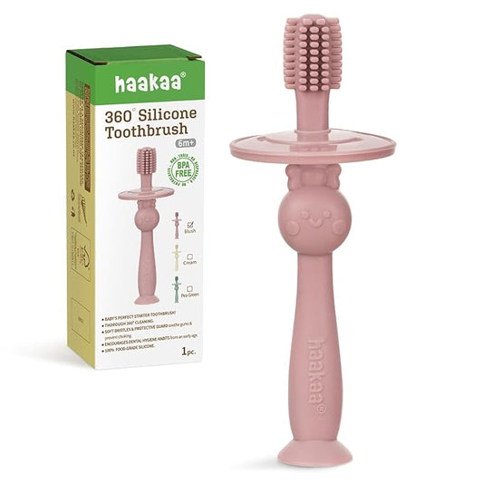 haakaa 360° Baby Toothbrush with Suction Base - Gentle Cleaning for Infant Self-Brushing Training, Food-Grade Silicone, Adjustable Safety Shield - Blush (1 Piece)