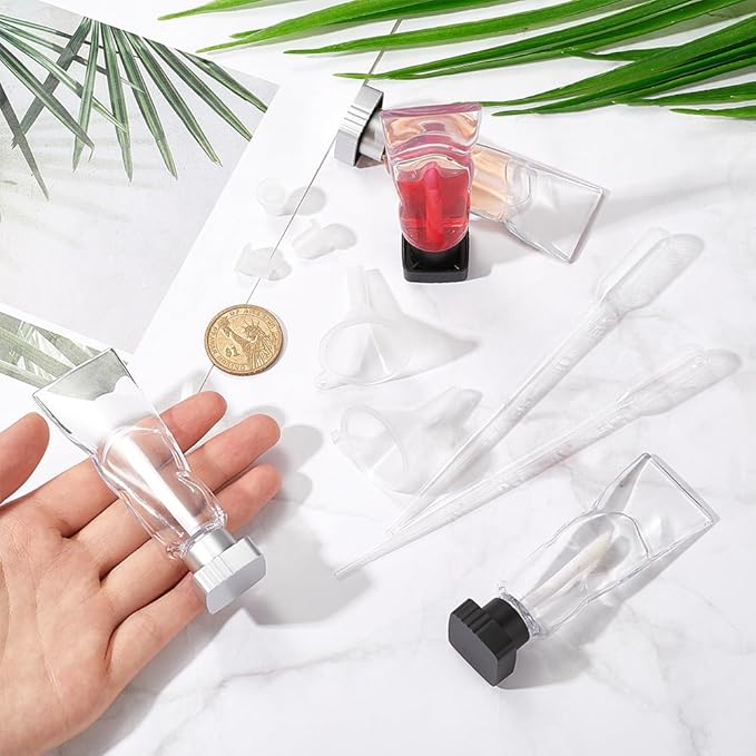 GORGECRAFT 4Pcs 4ml Lip Gloss Tubes Empty Refillable Soft Lipgloss Balm Tubes with Brush Glaze Container with Silver Black Square Lid Rubber Inserts Droppers Funnel for Travel Samples DIY Cosmetic