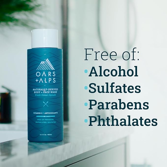 Oars + Alps Mens Moisturizing Body and Face Wash, Skin Care Infused with Vitamin E and Antioxidants, Sulfate Free, Fresh Ocean Splash, Travel Size 3.4oz, 2 Pack