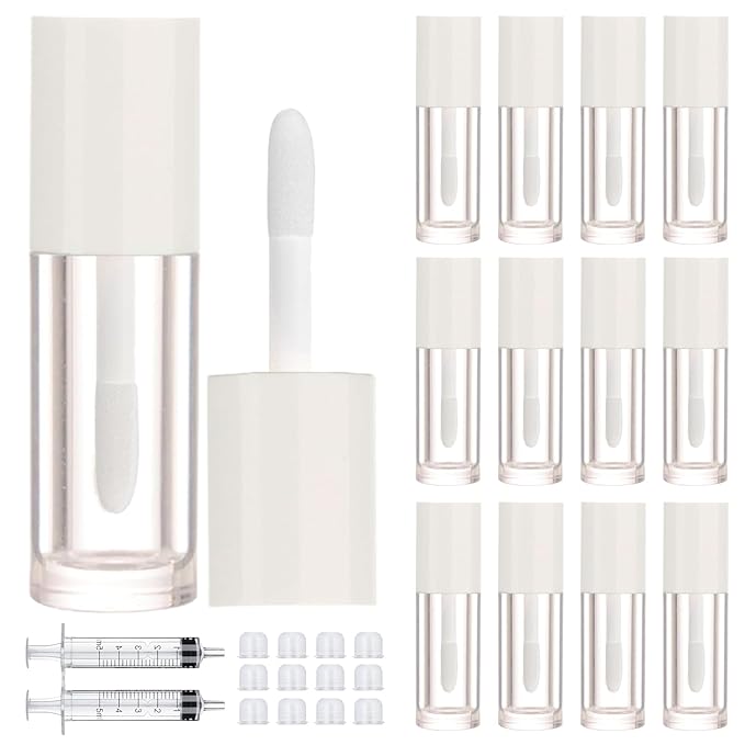 12pcs 2.5ml Empty Lip Gloss Tubes with Wand Cute Lip Gloss Containers Refillable Cosmetic Lip Balm Tubes Lip Gloss Supplies Kit + 2pcs Syringes (White)