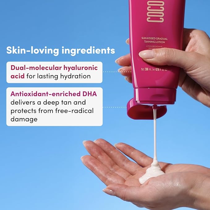 Coco & Eve Sun-kissed Gradual Tanning Lotion - Natural Sunless Moisturizing Tanner with 72H Hydration & Streak-Free, Buildable Glow. Skincare-Infused with Antioxidants and Hyaluronic Acid (6.76 fl oz)