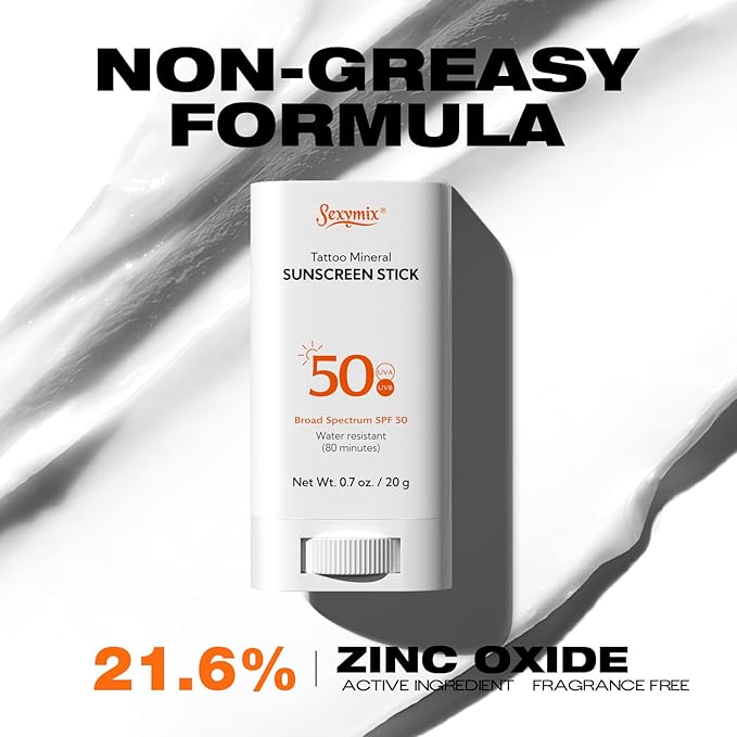 Sexymix Tattoo Sunscreen Stick, SPF 50 Waterproof Sunscreen Stick Broad Spectrum UVA/UVB Protection 0.7 oz with Zinc Oxide, Tattoo Aftercare Sunscreen for Tattoos Non-Dirty Hands Available (2 Packs)