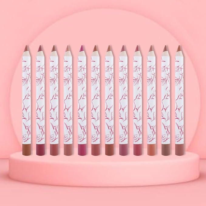 12 Pcs Natural Nude Brown Beige Colors Lip Liner Lipstick Pencils Set for Daily Makeup,Easy to Apply & Remove,Waterproof (set07)
