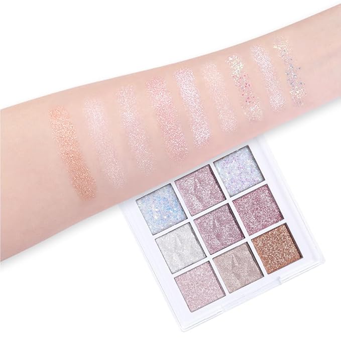 Pink White Glitter Shimmer Sparkle Eye Shadow Palette, Warm Pastel 9 Colors Sparkle eyeshadow Palette Makeup,Colorful Long Lasting Waterproof Naturing-Looking (ice glitter)