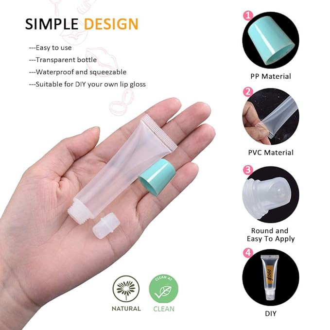 AMORIX 50PCS 10ml Lip Gloss Tubes Clear Empty Lip Balm Containers with Blue Cap Refillable Soft Cosmetic Squeeze Tubes for Lip Gloss Base Glitter Pigment Powder 2 Syringes + Tag Labels Stickers