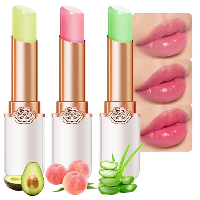 evpct 3Pcs Aloe Vera Avocado Peach Tinted Lip Balms Tint Stain Lipstick for Women PH Color Changing Lipstick Balm Stain Gift Set Queen Girls Korean Mood Long Lasting Color Change Light Pink Lipstick