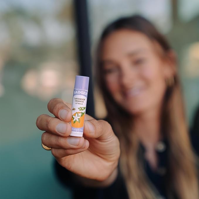 Badger Lavender Orange Classic Lip Balm, 100% Organic Balm, Long Lasting Lip Care w/Light Silky Texture, Uplifting Orange & Calming Lavender Lip Balm, 4 Pack