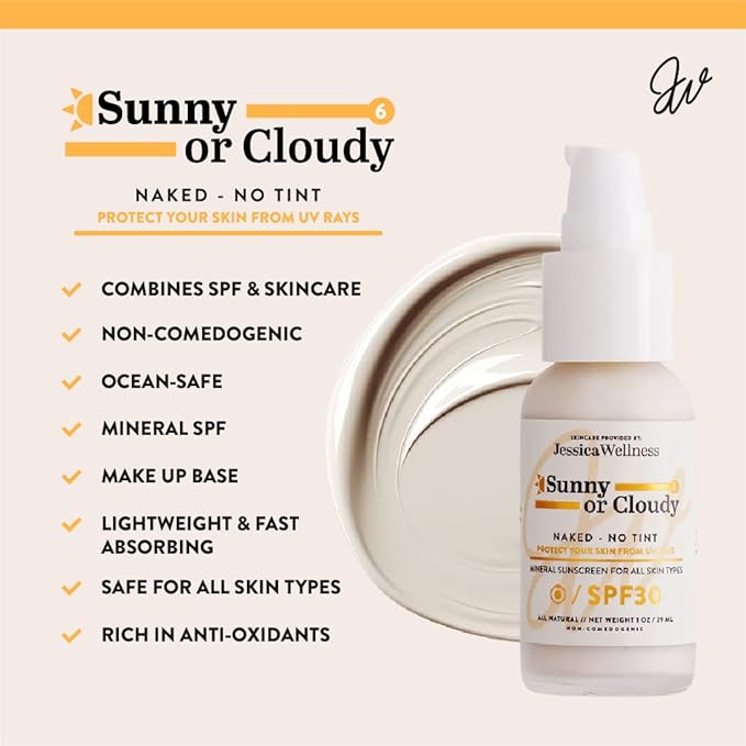 Jessica Wellness Mineral Sunscreen + Hydrating Serum with Broad Spectrum SPF 30 & Antioxidants, Oil-Free, Fragrance Free, Non-Nano Zinc Oxide. 1 oz (Clear)