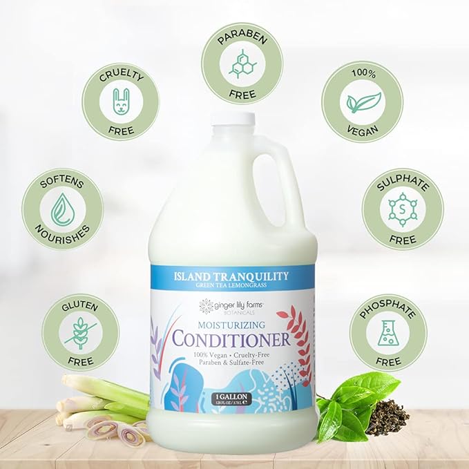 Ginger Lily Farms Botanicals Moisturizing Conditioner for Dry Hair, Island Tranquility, 100% Vegan & Cruelty-Free, Green Tea Lemongrass Scent, 1 Gallon (128 fl oz) Refill