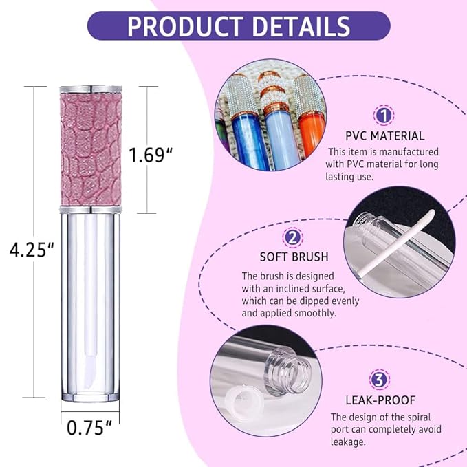 AMORIX 6pcs Lip Gloss Tubes with Wand 5ml Empty Lip Gloss Containers Purple Lipgloss Bottles Crystal Lip Supplies Kit with Syringe for DIY Lipgloss Base