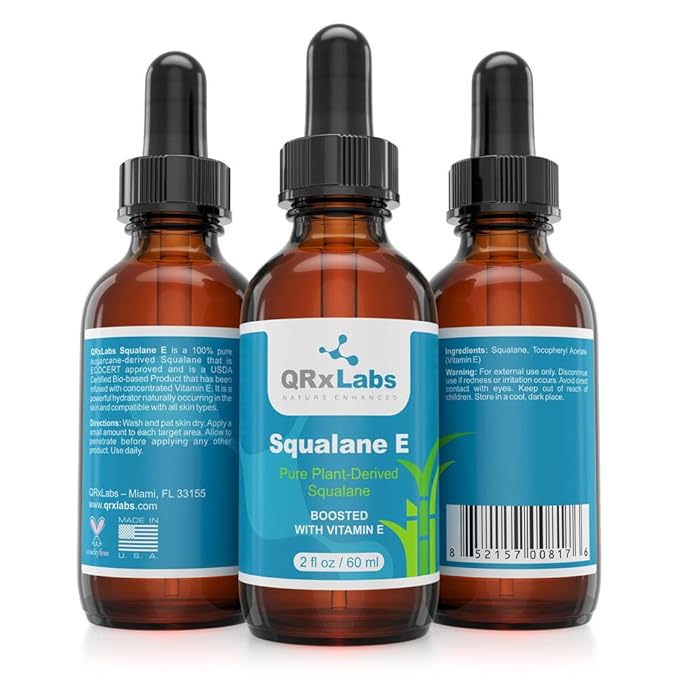 QRxLabs Pure Plant-Based Squalane Oil with Vitamin E (2 oz) - Organic ECOCERT/USDA Certified Squalane from Sugarcane - Moisturizer for Face, Body, Skin & Hair