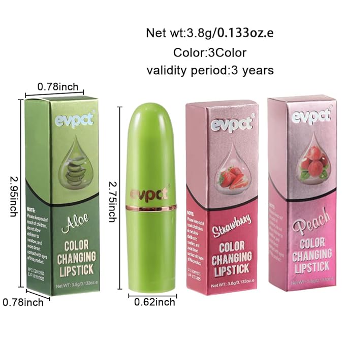 evpct 3Pcs Magic Color Changing Lipstick Long Lasting Waterproof 24 Hours Original for Women, Aloe Vera Strawberry Peach Pink PH Mood Permanent Color Changing Lipstick Lip Balm Gloss, labial magico