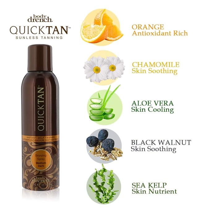 Body Drench QuickTan Instant Self Tanner Bronzing Spray, Salon-Quality Medium/Dark Tan, Streak-Free, Tinted Formula, 6 oz, 1-pack