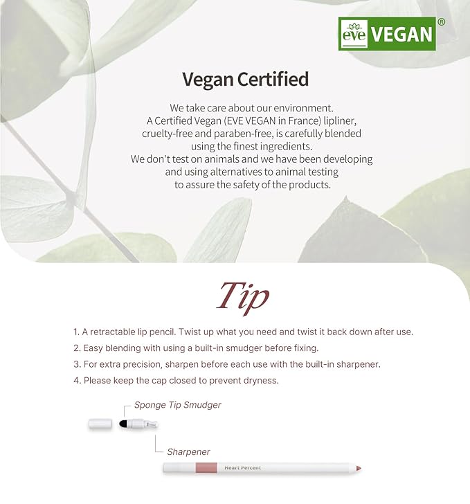 Heart Percent Dote On Mood Lip Pencil Slim, Defines and Fills Creamy Lip Liner Retractable Lipstick Pencil with Built-In Sharpener, #03. Oat Beige