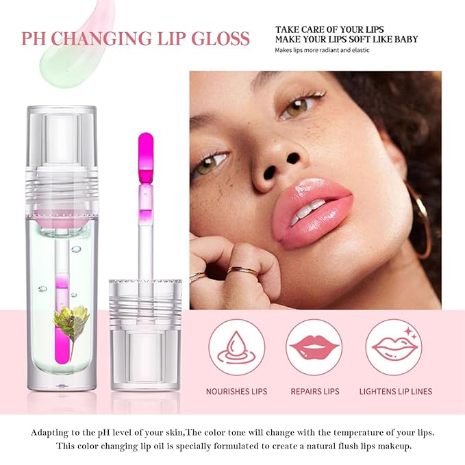 Plumping Lip Glow Oil,Hydrating Tinted Lip Oil Color Changing Lip Gloss Floral Moisturizing Lip Balm Lip Care For Dry Lip Long Lasting Nourishing 3Pack
